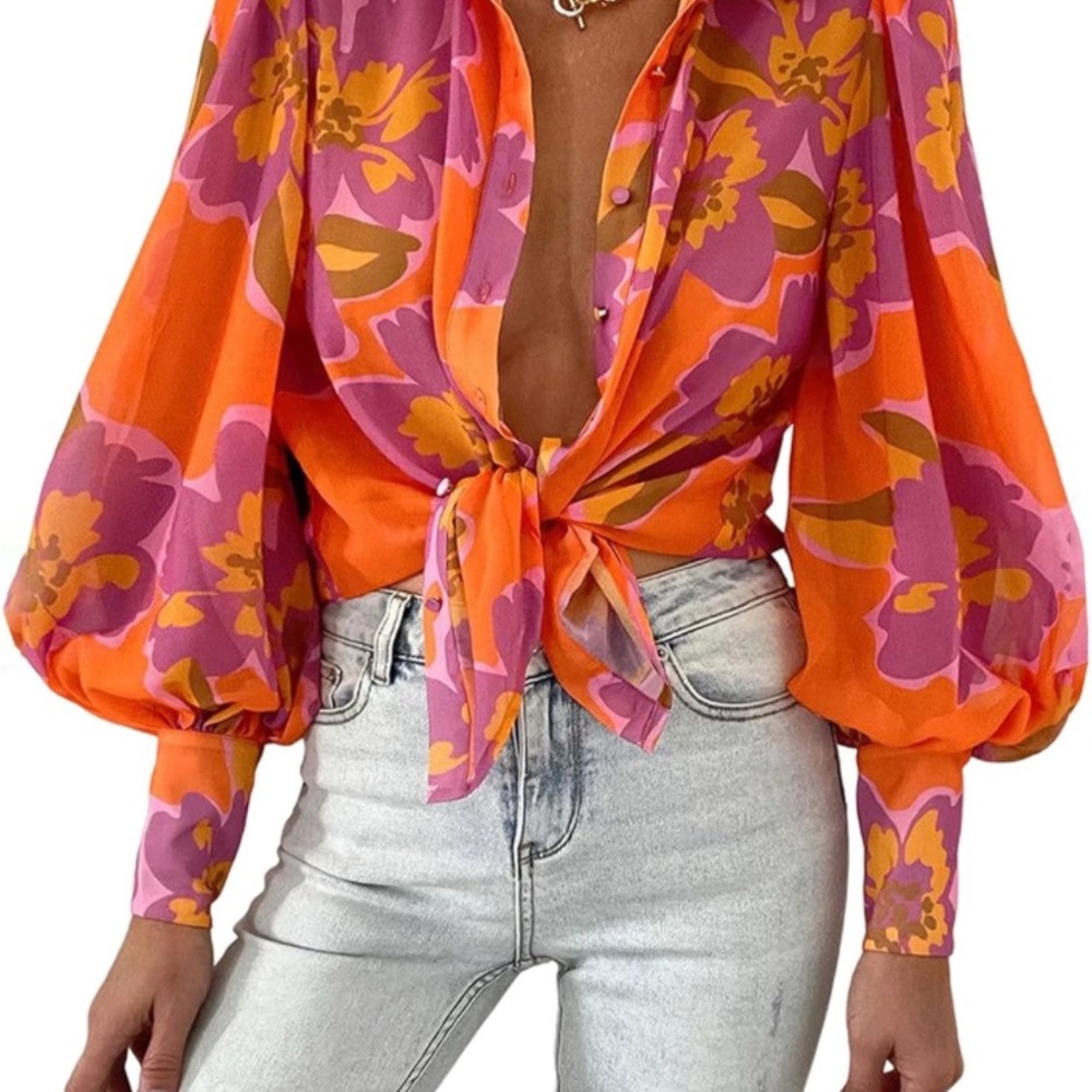 Beautiful button down sexy top in orange and fusha colors